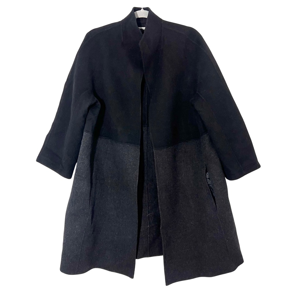 Eileen Fisher Coat Size XL Colorblock Wool Blend Black‎ Grey Open Front Minimal